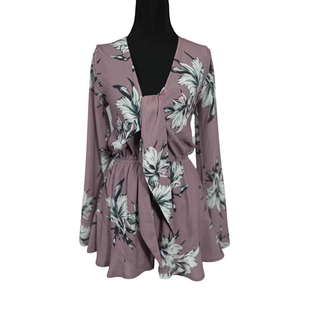 L'ATISTE Floral Romper Women Small Mauve Pink Long Sleeve Tie Front‎ Ruffle